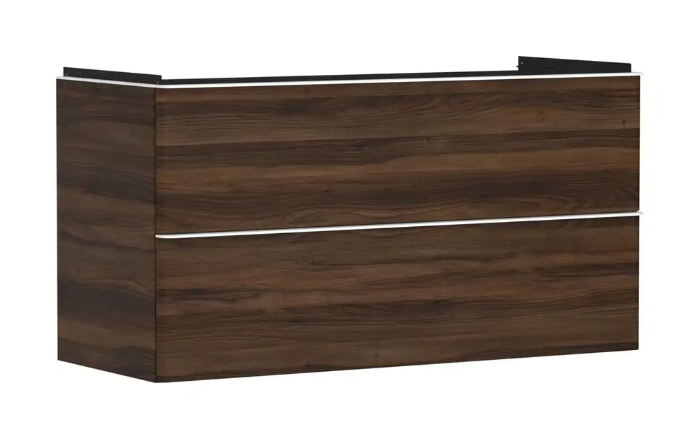 Brauner Waschtischunterschrank mit zwei Schubkästen, hergestellt von Hansgrohe, bietet Stauraum und ist für den Einsatz unter einem Waschtisch konzipiert.